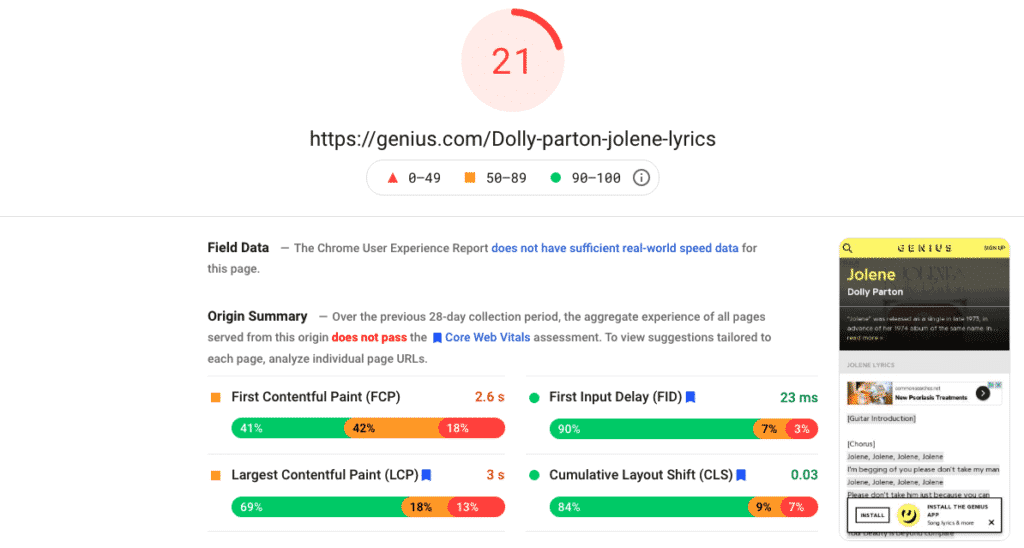 Google PageSpeed Insights Core Web Vitals